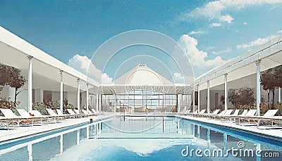 Empty modernist swimming pool with lawn chairs Stock Photo