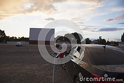 Empty movie screen at sunset, Star Drive In Movie Theater, Montrose, Colorado, USA Stock Photo