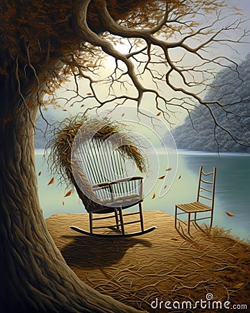 An empty nest with a rocking chair overlooking a tranquil lake reminiscent of the happy memories shared by its former Stock Photo