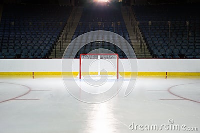 An empty net in a hockey arena Stock Photo