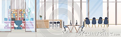 Empty no people creative co-working center conference training room with round table workspace creative office interior Vector Illustration