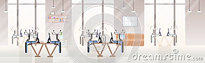Empty no people open space creative co-working center upside down chairs on desks modern office interior flat horizontal Vector Illustration