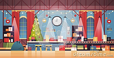 Empty no people santa claus christmas factory with gifts on machinery line happy new year winter holidays celebration Vector Illustration