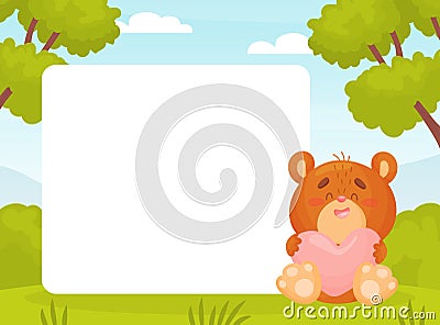 Empty Note Card with Funny Cartoon Bear Animal with Heart Feel Love Vector Template Vector Illustration
