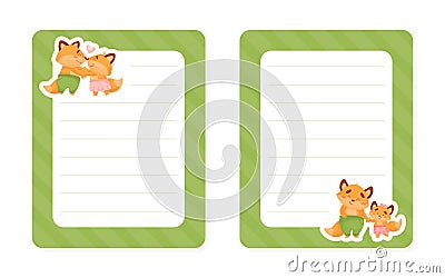 Empty Note Card with Happy Fox Family with Father and Little Cub Vector Template Vector Illustration