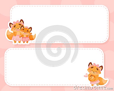 Empty Note Card with Happy Fox Family with Mother and Little Cub Vector Template Vector Illustration