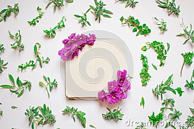 Empty notebook decorated purple flowers on a white background, top view. Notepad decorated with green leaves and violet. Flat lay. Stock Photo