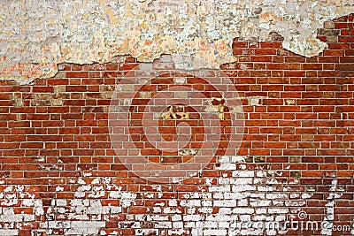 Empty Old Brick Wall Texture. Painted Distressed Wall Surface. Grunge Red Stonewall Background. Shabby Building Facade With Damage Stock Photo