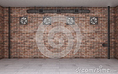 Empty old indusrial interior with brick walls and ventilation. 3d Stock Photo