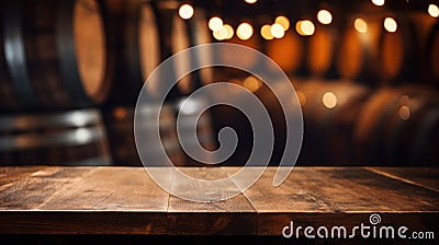 Empty old wood table on blurred wine cellar background, vintage desk in room with barrels and lights. Wooden casks in storage of Stock Photo