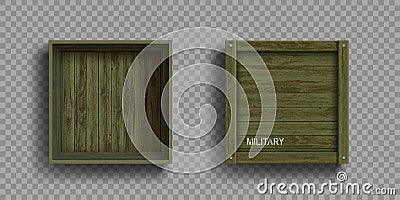 Empty open and closed green military wooden boxes Vector Illustration