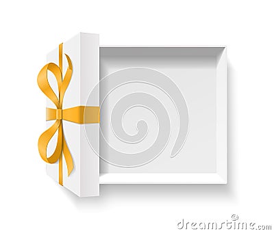 Empty open gift box with gold color bow knot and ribbon isolated on white background. Vector Illustration