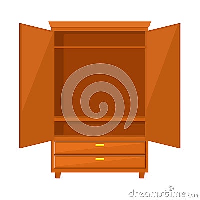 Empty open wardrobe isolated on white background. Natural wooden Furniture. Wardrobe icon in flat style. Room interior Vector Illustration