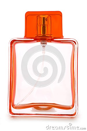 Empty orange perfume bottle isolated Stock Photo