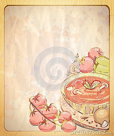 Empty paper backdrop with hand drawn graphic illustration of tomato soup. Vector Illustration