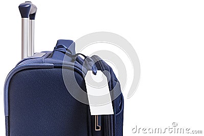 Empty paper luggage label on blue suitcase Stock Photo