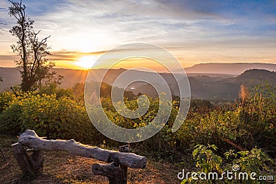 Empty park bench in high mountains Stock Photo