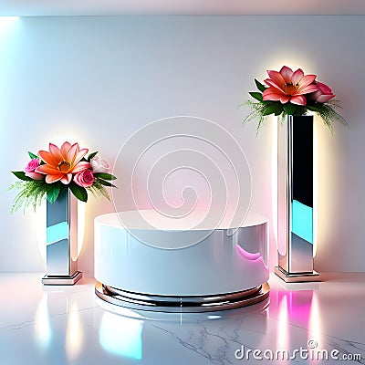 Empty pedestal Mixed between high gloss white and Chrome materials. Stock Photo