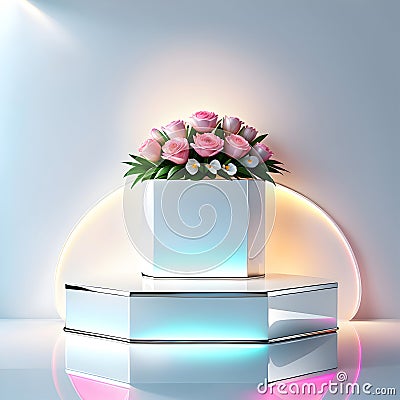 Empty pedestal Mixed between high gloss white and Chrome materials. Stock Photo