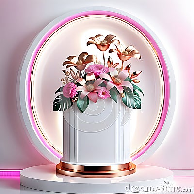Empty pedestal Mixed between high gloss white and pink gold materials. Stock Photo