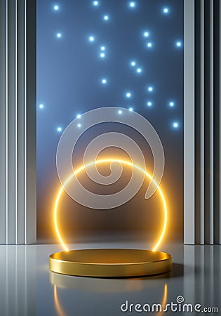 Empty pedestal stage template with glowing circle bihind and glow particles like a stars. Stock Photo