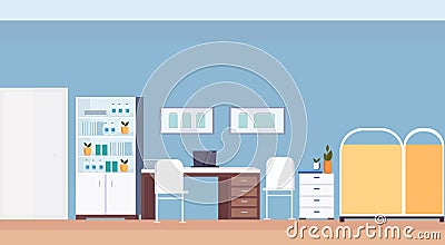 Empty pediatrician workplace desk modern hospital office interior clinic room with furniture flat horizontal Vector Illustration
