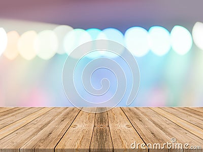 Empty perspective room with sparkling bokeh wall and wooden plank floor. Stock Photo