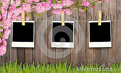 Empty photo frames against wooden background Stock Photo