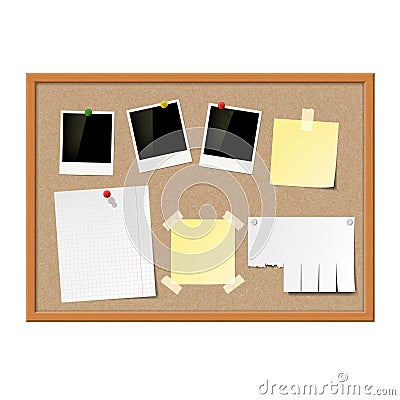 Empty photo frames, paper notes and yellow stickers attached to Vector Illustration