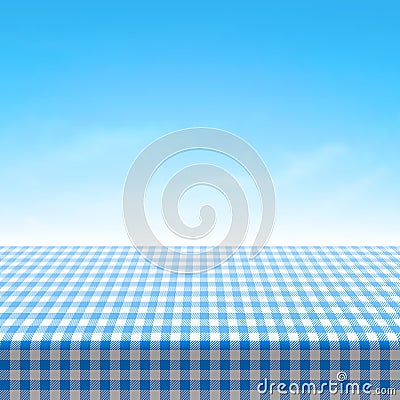 Empty picnic table covered with blue checkered tablecloth Vector Illustration