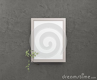 An empty picture in a frame against a dark wall with a birch twig.3D rendering. Stock Photo