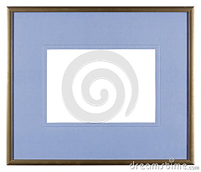 Empty picture frame in a simple modern gold finish with a blue mount Stock Photo