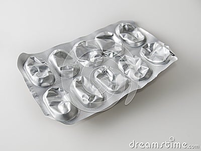 Empty pills pack on white background. Used medicine tablet blister-pack Stock Photo