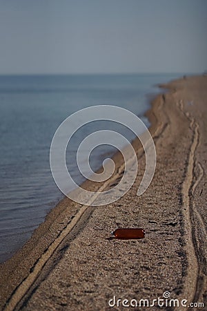 Empty plastic bottle lying on the beach. Environmental pollution. Tire tracks on the sand. Summer seascape Stock Photo