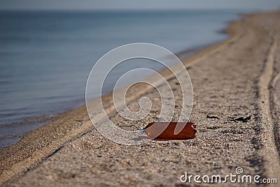 Empty plastic bottle lying on the sea beach. Environmental pollution. Tire tracks on the sand Stock Photo