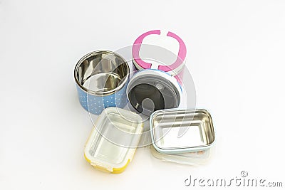 Empty plastic lunch boxes. Flat lay top view Stock Photo