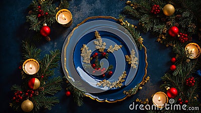 Empty plate, Christmas tree branch, setting decor background winter merry table Stock Photo
