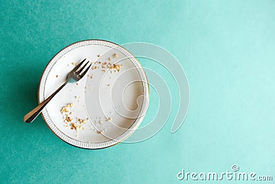 Empty plate with crumbs after eating on a green background. The concept of the end of the holiday or celebration. Nearby Stock Photo