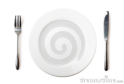 Empty plate, fork and knife Stock Photo