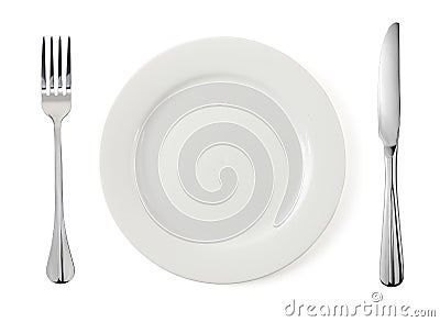 Empty plate with fork and knife Stock Photo