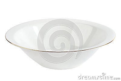 Empty plate with gold rim isolated. White ceramic bowl. Stock Photo