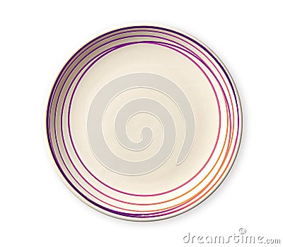 Empty plate with pink pattern edge, Ceramic plate with spiral pattern in watercolor styles, View from above isolated on white back Stock Photo