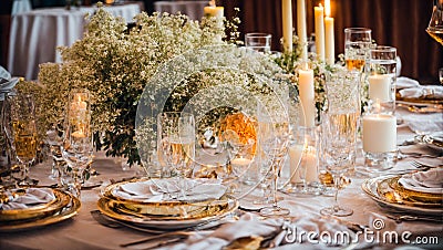 Empty plates, glasses, banquet bouquet elegance romantic holiday luxury spring decoration Stock Photo