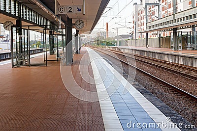 Empty platform of the railway station. Image of traffic stop, complete isolation, self-isolation, quarantine during the Stock Photo