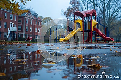 An empty playground with a yellow slide located in the center on a rainy day, An empty playground on a rainy day, with puddles Stock Photo