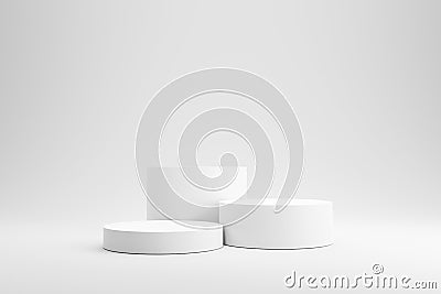 Empty podium or pedestal display on white background with cylinder stand concept. Blank product shelf standing backdrop. 3D Stock Photo