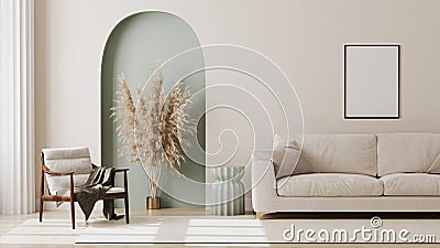 Empty poster frame on beige wall in living room interior with modern furniture and decorative green arch with trendy dried flowers Stock Photo