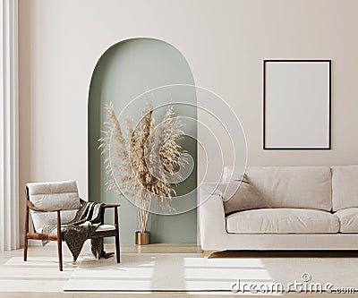 Empty poster frame on beige wall in living room interior with modern furniture and decorative green arch with trendy dried flowers Stock Photo