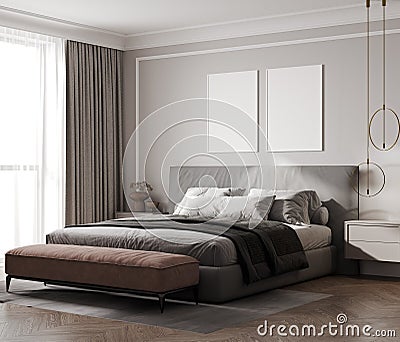 empty poster frames in stylish bedroom interior, home interior, 3d rendering Stock Photo