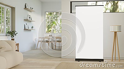 An empty poster mockups stand on the floor in a modern and comfortable home living room Cartoon Illustration